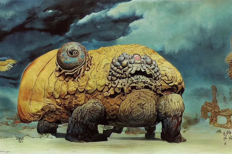 Prompt: a palanquin on top of a giant tardigrade retro japanese monster slimy leather, extra wide, oil painting, 7 0 s vintage art, by georgia o keeffe, by gustave dore, by frank frazetta, nausicaa