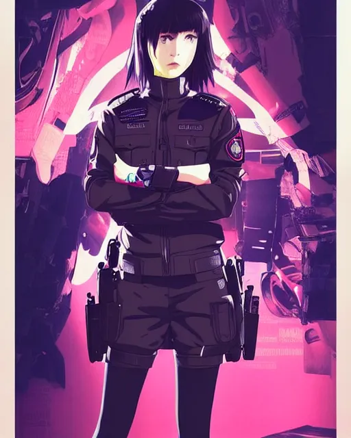 Image similar to police officer girl very very anime!!! fine face, audrey plaza, realistic shaded perfect face, fine details. anime. realistic shaded lighting cyberpunk futuristic neon tattoos styled hair reflective puffy sheen film jacket decorated poster by ilya kuvshinov katsuhiro otomo ghost in the shell