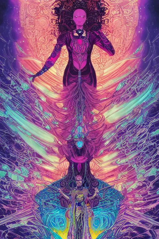 Prompt: the empress by travis charest and laurie greasley, detailed, kaleidoscope, psychedelic, cosmic energy by Kelly McKernan, yoshitaka amano, hiroshi yoshida, moebius, artgerm, cool tone pastel rainbow colors, inspired by dnd, iridescent aesthetic, centered symmetrical and detailed