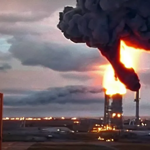 Prompt: epic photo of greta thunberg flying as superman destroying oil refinery explosions and black smoke. cinematic realistic photographic epic lighting