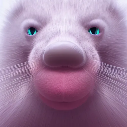 Image similar to white mink with nimbus of pink bacteria around the neck, unreal engine, starring at camera, matte background, high symmetry, 8k