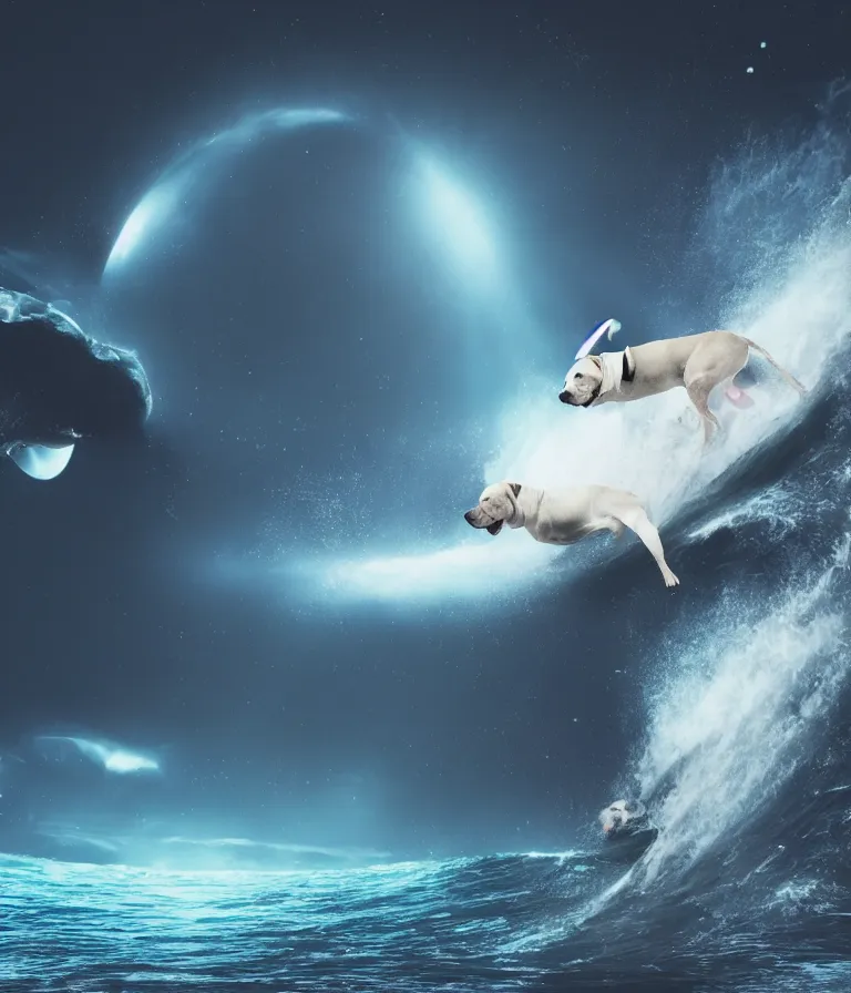 Prompt: photo of a dark gray coat pit bull with a white paws and a white nose!, surfing on a surfboard in a crashing wave of alien galaxy, trending on art station, ocean in space, background is an alien galaxy, aliens in the background, alien colors, octane render, unreal engine, wide view, 8 k, highly detailed