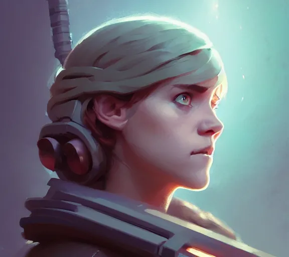 Image similar to portrait of female luke skywalker, fantasy, matte painting, illustration, hearthstone, by atey ghailan, by greg rutkowski, by greg tocchini, by james gilleard, by joe fenton, by kaethe butcher, dynamic lighting, gradient light blue, brown, blonde cream and white color scheme, grunge aesthetic