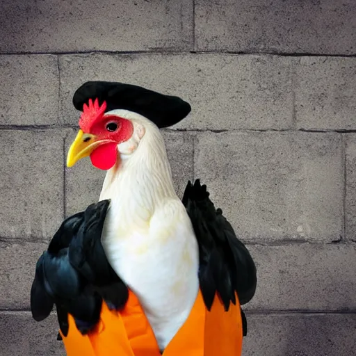 Image similar to chicken dressed as an inmate, real photography, police statiom