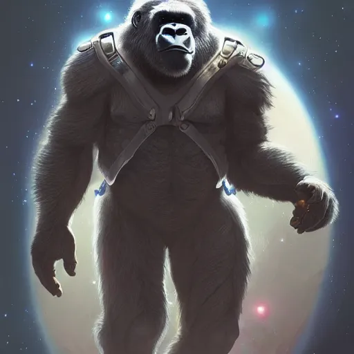 Image similar to detailed science - fiction character portrait of a silverback gorilla shooting a alien gun in space, intricate, wild, highly detailed, digital painting, artstation, concept art, smooth, sharp focus, illustration, art by artgerm and greg rutkowski and alphonse mucha