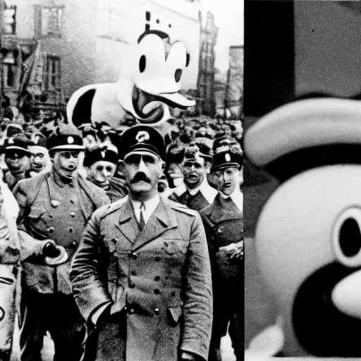 Image similar to historic black and white photograph of adolf hitler and colorful donald duck at a nazi parade in 1 9 3 6