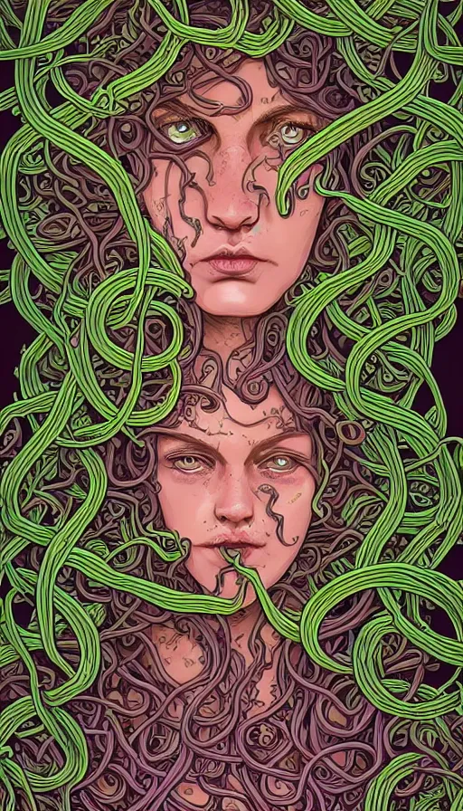 Prompt: very detailed portrait of a 2 0 years old girl surrounded by tentacles, the youg woman visage is blooming from fractal and vines, by dan mumford,