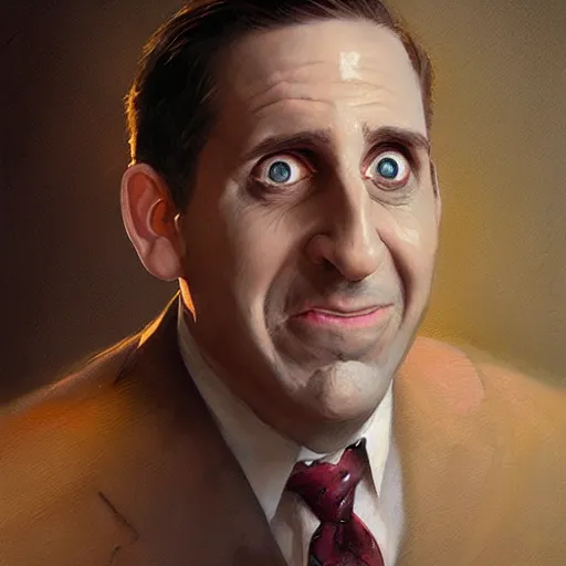 Image similar to hyper realistic, surreal, portrait of michael scott making silly absurd faces, painted by greg rutkowski, wlop, loish,