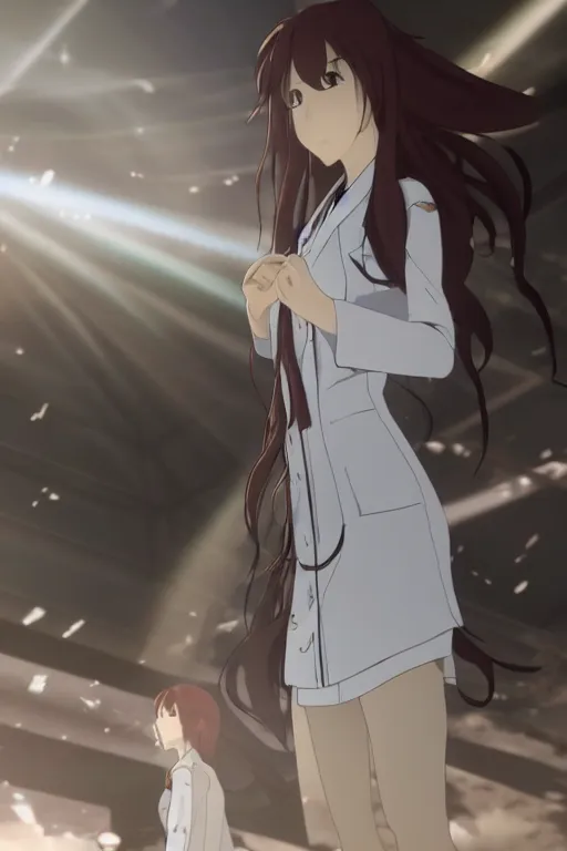 Image similar to Kurisu Makise in flowing lab coat by Akihiko Yoshida and Makoto Shinkai, with backdrop of god rays