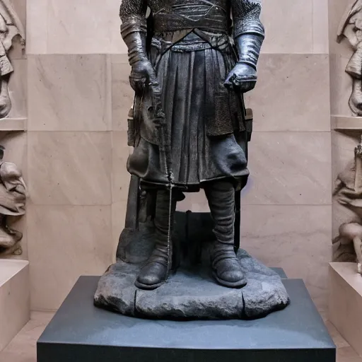 Prompt: a statue of Geralt of rivia at the louvre, leonardo da vinci, uhd, photo,