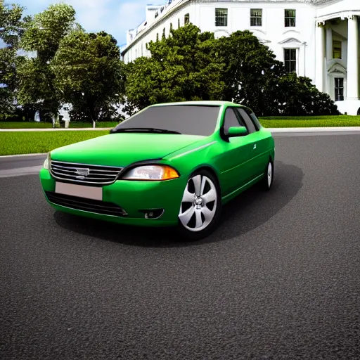 Prompt: black car Infront of white house with a green door, photo, ultra realistic, 8k