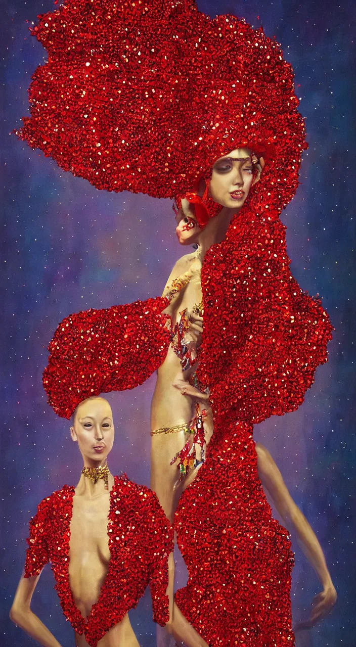 Image similar to a full - body female character design wearing a red sequined bodysuit, beads hanging over her face like an alexander mcqueen headdress, costume by eiko ishioka, haute couture by moebius, steven outram, colorful and psychedelic, hd, 8 k, artstation, high quality