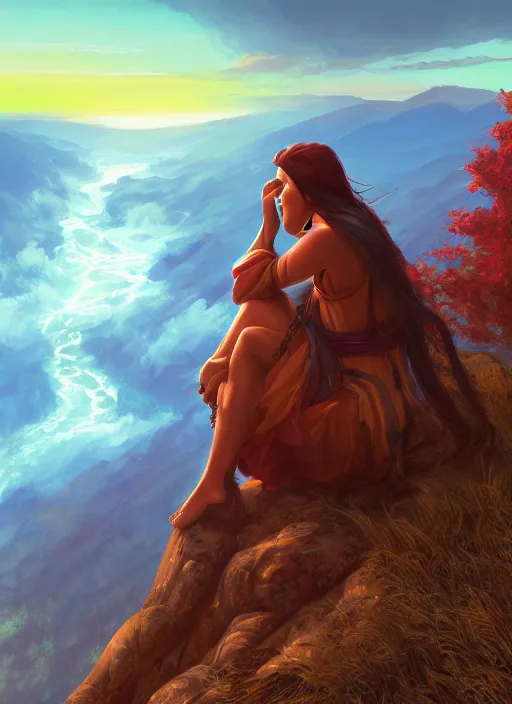 Image similar to an shaman sitting at the top of a cliff, looking down at the valley, doing a vision quest, beautiful sunset, art by charlie bowater