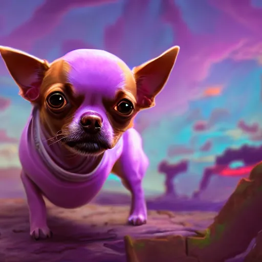 Image similar to a transcendent chihuahua living in an extradimensional reality, in the style of wlop, illustration, epic, fantasy, hyper detailed, smooth, unreal engine, sharp focus, ray tracing, physically based rendering, renderman, beautiful