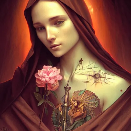 Image similar to Virgin Mary, facial tattoos, artists portrait, biomechanical, heaven, fantasy, highly detailed, digital painting, concept art, sharp focus, depth of field blur, illustration, art by artgerm and greg rutkowski and alphonse mucha