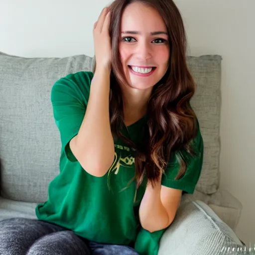 Image similar to a cute young woman smiling, long shiny bronze brown hair, full round face, emerald green eyes, medium skin tone, light cute freckles, smiling softly, wearing casual clothing, relaxing on a modern couch, interior lighting, cozy living room background, medium shot, mid-shot, soft focus