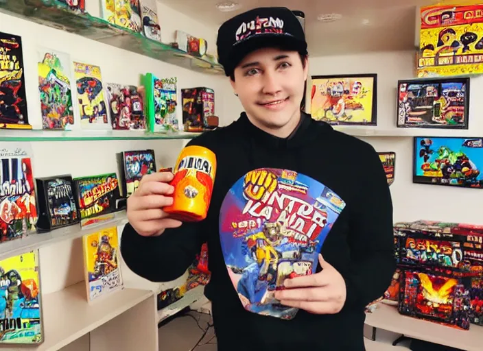 Prompt: retro video game youtuber in front of retro video games with a bottle of canadian maple syrup, eska water bottle, plate of poutine