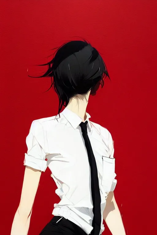 Image similar to a ultradetailed beautiful panting of a stylish woman, she is wearing a white shirt with a tie and black pants, by conrad roset, greg rutkowski and makoto shinkai trending on artstation