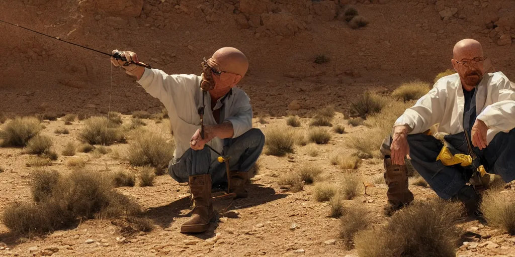 Prompt: walter white fishing in the desert, highly detailed, 8 k, masterpiece, super resolution.