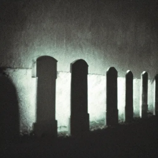 Prompt: insane nightmare, no light, everything is blurred, creepy shadows, cemetery, very poor quality of photography, 2 mpx quality, grainy picture