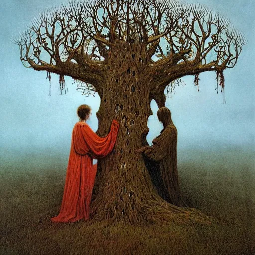 Image similar to Adam and Even dressed in Victorian dresses hug under the Tree of Life, by Beksinski and Greg Rutkowski