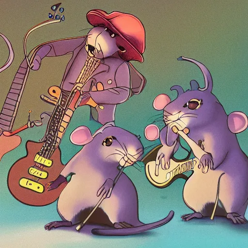 Prompt: rats playing in a rock band inspired by the beatles, beautiful, dreamlike, wholesome, ghibli and disney animation, sharp, intricated, art by ken anderson and mel shaw, bloom, dramatic lighting, brown palette,