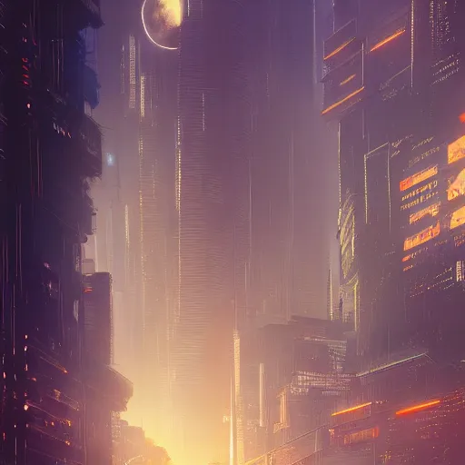 Image similar to cyberpunk city, moon, landscape, intricate, detailed, volumetric lighting, scenery, digital painting, highly detailed, artstation, sharp focus, illustration, concept art, ruan jia, steve mccurry