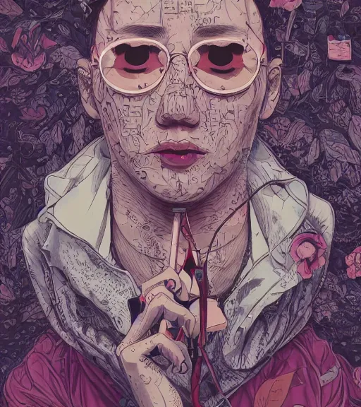 Prompt: portrait, nightmare anomalies, leaves with a cigarette by miyazaki, violet and pink and white palette, illustration, kenneth blom, mental alchemy, james jean, pablo amaringo, naudline pierre, contemporary art, hyper detailed