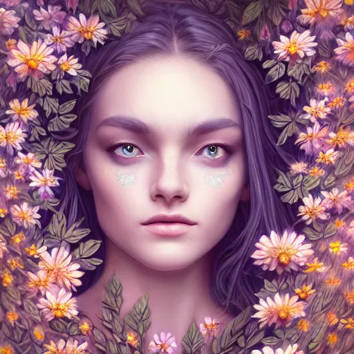 Image similar to a picture of a beautiful woman with a symmetrical detailed face, clothed in flowers and leaves sitting in an enchanted forest, sunset, high fantasy, elegant, epic, detailed, intricate, digital painting, concept art, realistic detailed face, smooth, focus, rim light
