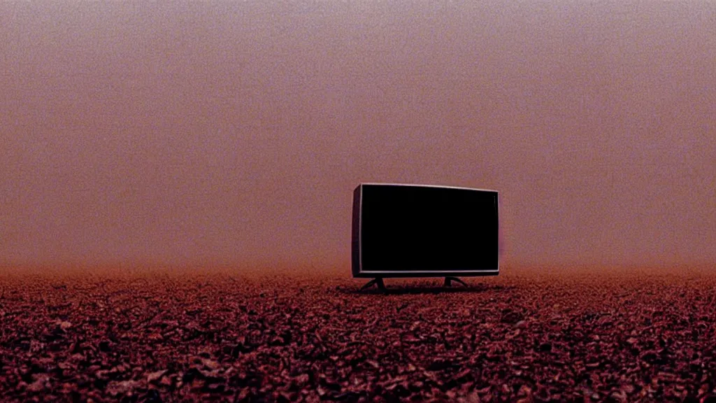 Image similar to a television with static playing on it, film still from the movie directed by Denis Villeneuve with art direction by Zdzisław Beksiński, wide lens