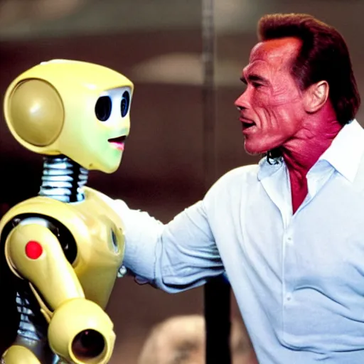 Prompt: LOS ANGELES CA, JULY 7 2025: Robot Convention, Arnold Schwarzenegger reacts to a VERY CUTE ROBOT ASKING FOR A HUG