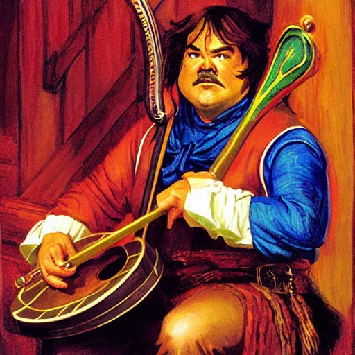 Image similar to D&D character portrait jack black as bard in a tavern playing a song but bad designed by Edwin Austin Abbey painted by john romita jr.