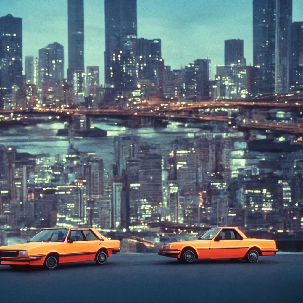 Image similar to 8 0 s neon movie still, portrait of a single car by the river with city in background, medium format color photography, blurred background, movie directed by kar wai wong, hyperrealistic, photorealistic, high definition, highly detailed, tehnicolor, anamorphic lens