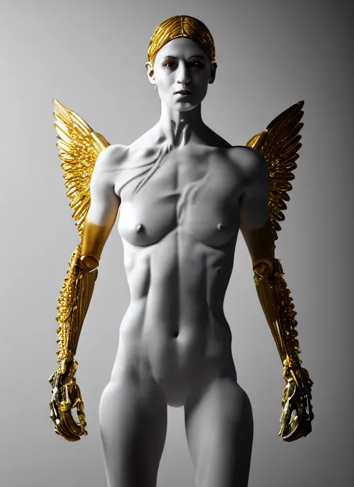 Prompt: a statue made of white marble with gold veins, of an beautiful gorgeous futuristic cybernetic angel athletic girl, prostheses, transhumanism, full body shot, perfect symmetrical body, perfect symmetrical face, hyper realistic, hyper detailed, by johannen voss, by peter kemp, by monia merlo, by michelangelo, octane render, blender, 8 k