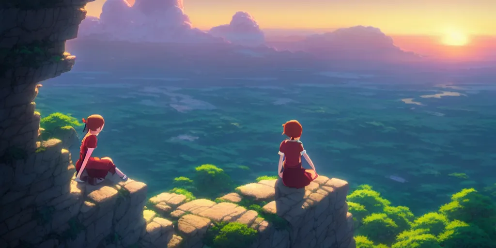 Prompt: a girl sitting over the precipice, looking at sunset, studio ghibli, pixar and disney animation, sharp, rendered in unreal engine 5, anime key art by greg rutkowski, bloom, dramatic lighting