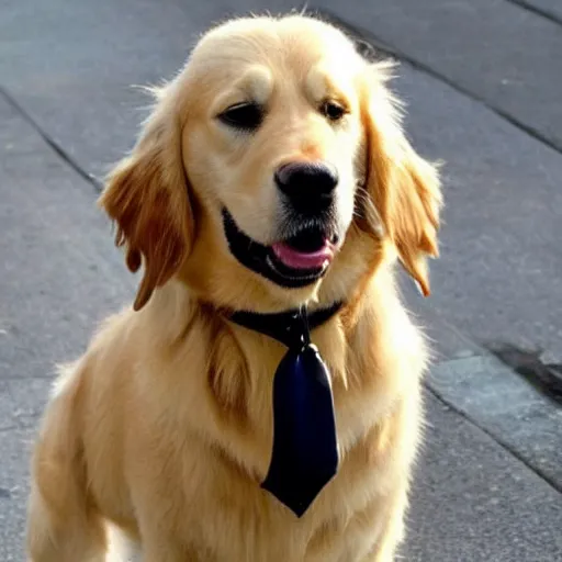 Image similar to a golden retriever that looks like tom cruise wearing a suit