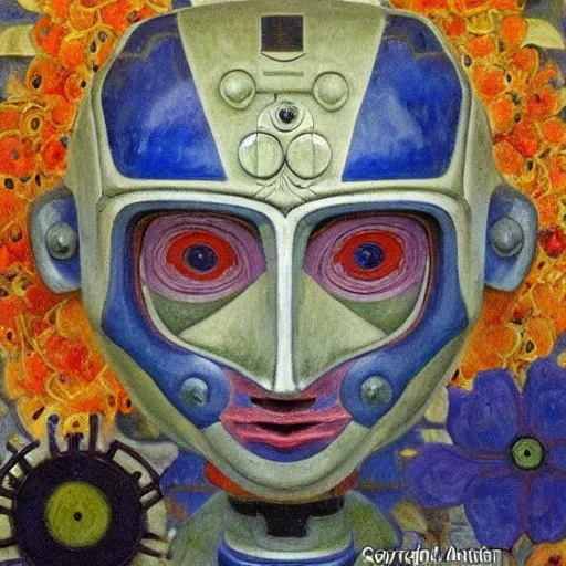 Image similar to a robot wearing a mask made of flowers, by annie swynnerton and diego rivera and nicholas roerich and jean delville, symbolist, dramatic lighting, elaborate geometric ornament, art brut, soft cool colors, smooth, sharp focus, extremely detailed, adolf wolfli and donato giancola and dan munford