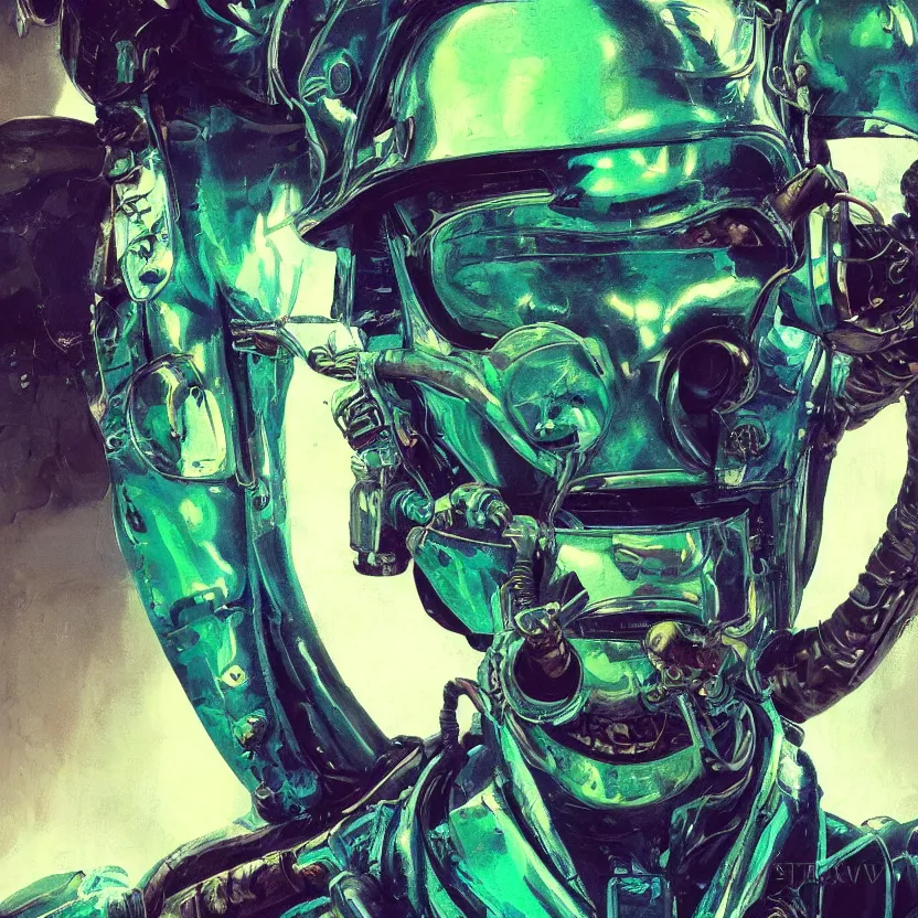 Prompt: baroque neoclassicist close - up portrait of a neofuturistic cyberpunk fighter pilot. iridescent textures. deep green and blue. highly detailed science fiction painting by norman rockwell, frank frazetta, and syd mead. rich colors, high contrast, gloomy atmosphere. trending on artstation and behance.