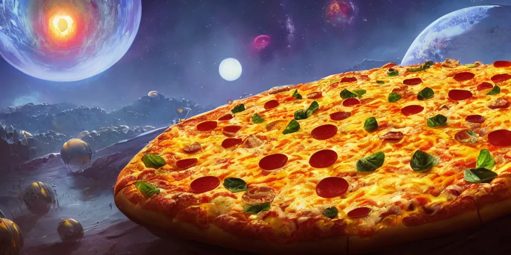 Image similar to planet made of pizza, melted cheese waterfalls, Greg Rutkowski, 3d scene, trending on Artstation, 8K, ultra wide angle, pincushion lens effect.