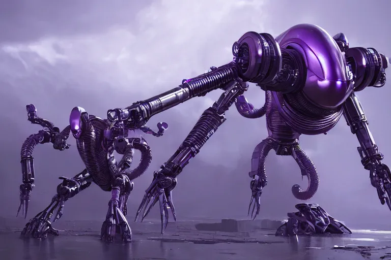 Prompt: alien military three legged tripedal tripod mecha, metal laser tentacles, purple, futuristic, apocalyptic, by jon aaron kambeitz, katsuhiro otomo, heng z, concept art, insanely detailed, raytracing, octane, unreal engine, trending on artstation