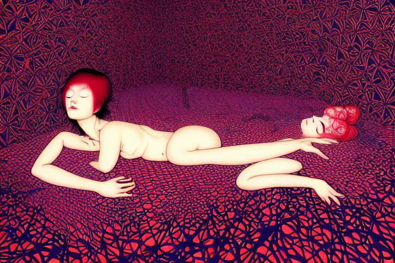 Prompt: realistic detailed image of a woman laying in a padded room, conjuring psychedelic background, part by takato yamamoto, part by alex gray, ross tran, james jean, ultra realistic, octane render, highly detailed, 8 k, trending on artstation, cosmic, symmetry, masterpiece