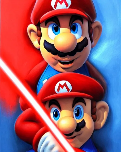 Prompt: portrait of super mario as a jedi, red cap, blue lightsaber, beautiful, very detailed, hyperrealistic, medium shot, very detailed painting by Glenn Fabry, by Joao Ruas