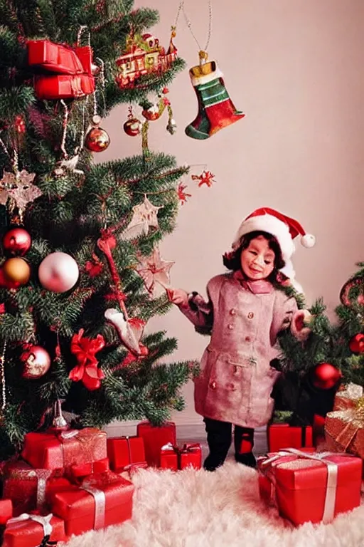 Prompt: retro photo of a child with a cat's face in cute clothes on the background of a christmas tree with new year's toys, ussr, sovet ; kodak ektar, 2 0 0 iso, 3 5 mm lens, bill henson style beautiful chiaroscuro lighting, beautiful colour palette, beautiful and realistic, wide shot