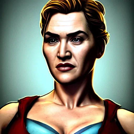 Image similar to kate winslet portrait, borderlands, tales from the borderlands, the wolf among us, comic, cinematic lighting, studio quality, 8 k