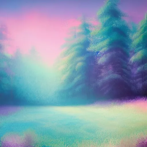 Image similar to inspirational landscape painting soft pastel colors blue pink white sky with white pink blue ground forest, art station, volumetric lighting