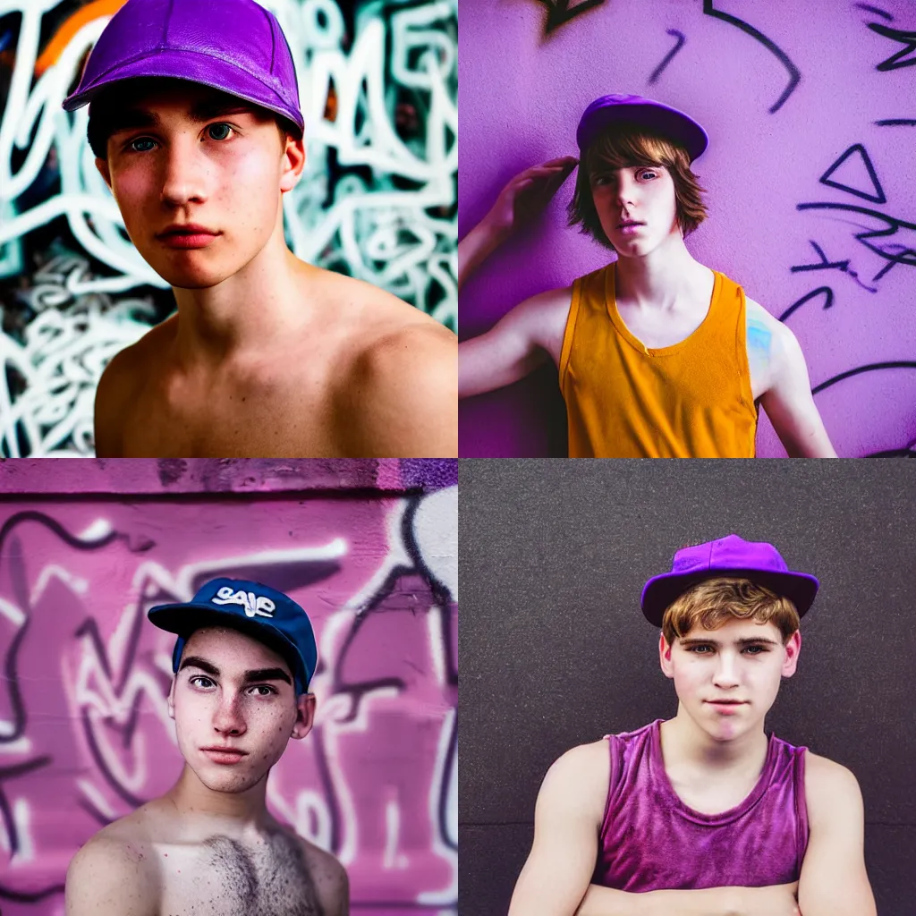 Prompt: portrait of a boy ( college student ) with light freckles wearing a violet velour basecap and tanktop, looking shyly into the camera for a cover of a gay print magazine, f 1. 4, award winning photograph, experimental lighting, soft focus, city + graffiti background