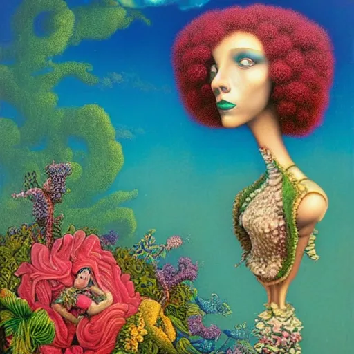 Image similar to Michael Hutter, award winning masterpiece with incredible details, Michael Hutter, a surreal vaporwave vaporwave vaporwave vaporwave vaporwave painting by Michael Hutter of an old pink mannequin head with flowers growing out, sinking underwater, highly detailed Michael Hutter