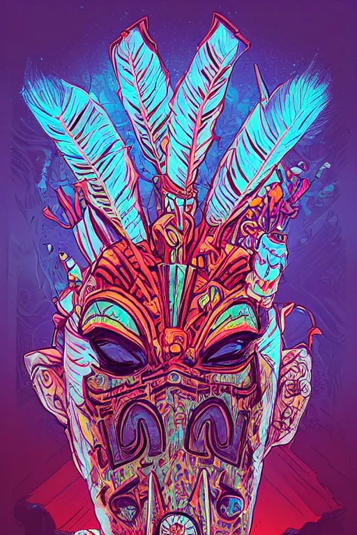 Image similar to totem animal tribal chaman vodoo mask feather gemstone plant wood rock video game illustration vivid color borderlands by josan gonzales and dan mumford radiating a glowing aura