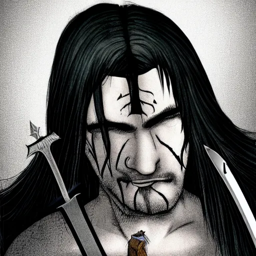 Prompt: man with a long grey hair and scars on his face pointing his sword towards while he's crying