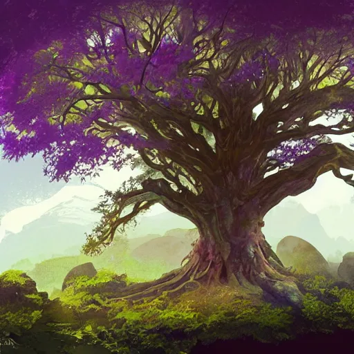 Image similar to a big tree on a mountain with purple leaves and some leaves falling retro digital painting, artstation, concept art, soft light, hdri, smooth, sharp focus, illustration, fantasy, intricate, elegant, highly detailed, D&D, matte painting, in the style of Greg Rutkowski and Alphonse Mucha and artemisia, 8k, highly detailed, jurgens, rutkowski, bouguereau, pastoral, rustic, georgic